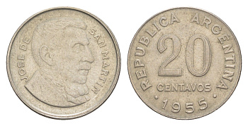 Аргентина 20 сентаво 1955 KM 52 сталь плакированная никелем 4617-943