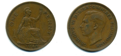 Великобритания 1 пенни 1946 Георг VI (1936-1952) KM 845, Spink 4114 бронза 37-1114