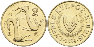 Кипр 2 цента 1994 KM 54.3 никель латунь 4174-1269