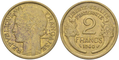 ФРАНЦИЯ 2 ФРАНКА 1940 ТИП MORLON KM 886, LE FRANC 268.13 алюминиевая бронза 180-1135