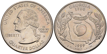 США 25 центов = квотер 1999 D, серия штаты США, Джорджия KM 296 медь плакированная медно-никелем  UNC 4589-627