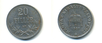 Венгрия 20 филлеров 1920 КВ, Карл I (1916-1918), редкий год KM 498 железо 83-1327