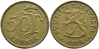 ФИНЛЯНДИЯ 50 ПЕННИ 1976 К KM 48 алюминиевая бронза 4364-2645