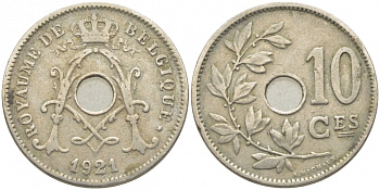 БЕЛЬГИЯ 10 САНТИМОВ 1921 BELGIQUE KM 85.1 медно-никель 3856-437