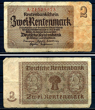 Германия 2 рентенмарки 1937 Pick 174 b бумага 8621-47-3-2