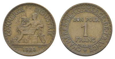 Франция 1 франк 1923 KM 876 алюминиевая бронза 83-727