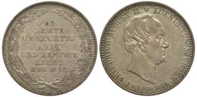 САКСОНИЯ 1/3 ТАЛЕРА 1854 F, НА СМЕРТЬ КОРОЛЯ ФРИДРИХА АВГУСТА II (1836-1854) KM 1179, J. 93 серебро UNC 413-5044