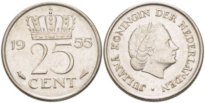 Нидерланды 25 центов 1955 Юлиана (1949-1980) KM 183 никель 3955-148