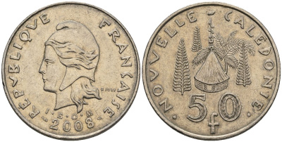 Французская Новая Каледония 50 франков 2008 хижина среди сосен и пальм, (IEOM) KM 13a, Schoen 15a, Lec 128i медно-никель 4111-334