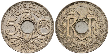 Франция 5 сантимов 1934 KM 875 медно-никель 4596-624