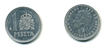 Испания 1 песета 1985 M, Хуан Карлос I (1975-2014) KM 821 алюминий 54-219