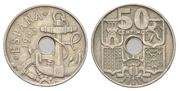 Испания 50 сентимо 1963 (65) Франсиско Франко (1939-1975), морская атрибутика KM 777 медно-никель 4627-921