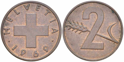 ШВЕЙЦАРИЯ 2 РАППЕНА 1969 KM 47 бронза 25-354