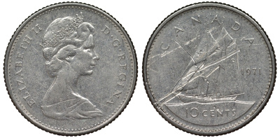 Канада 10 центов 1971 парусник, Елизавета II (1952-) KM 77.1 никель 4124-512