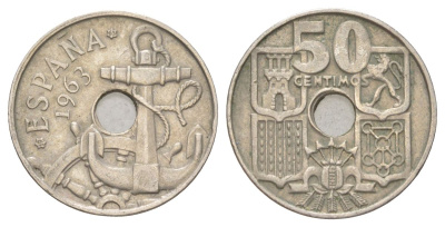 Испания 50 сентимо 1963 (65) Франсиско Франко (1939-1975), морская атрибутика KM 777 медно-никель 4627-921