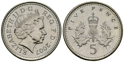 Великобритания 5 пенсов 2007 Елизавета II (1952-2022) KM 988, Spink 4670 (D5) медно-никель 4173-769