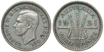 Австралия 3 пенса 1951 m, Георг VI (1937-1952), без букв KM 44 серебро 71-347