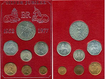 Великобритания набор из 7 монет 1977 серебрянный юбилей Елизаветы (1952-2022), официальны набор в картоне 1977  UNC 3-6-4-11