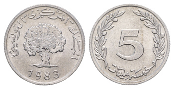Тунис 5 миллимов 1983 пробковый дуб KM 282 алюминий UNC 4656-753