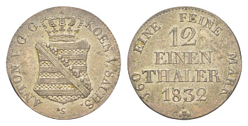 Саксония 1/12 талера 1832 S, Антон I (1827-1836) KM?1117, AKS?76 серебро 1526-943