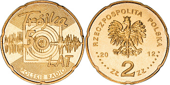 Польша 2 злотых 2012 MW, 50 лет радио "тройка" KM 816 нордик UNC 4513-814