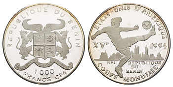 Бенин 1000 франков 1992 Чемпионат мира по футболу - США 1994 KM 5 серебро PROOF 1521-1014