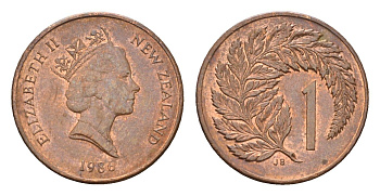 Новая Зеландия 1 цент 1986 Елизавета II (1952-2022), лист папоротника KM 58 бронза 4655-236