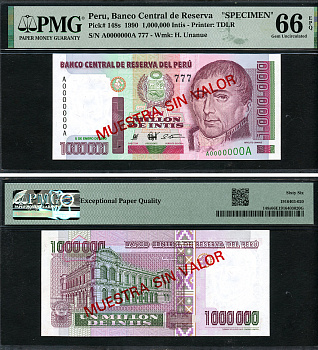 Перу 1000000 инти 1990 Иполито Унануэ (1755-1833), в слабе PMG 66 Gem Uncirculated, 777 Pick 148 s  бумага  UNC (пресс) 452-1-185