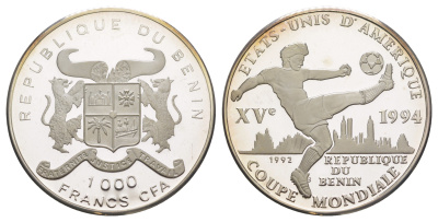 Бенин 1000 франков 1992 Чемпионат мира по футболу - США 1994 KM 5 серебро PROOF 1521-1014