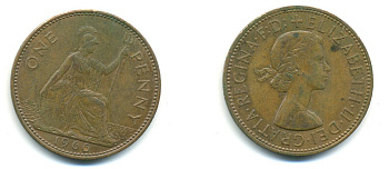 Великобритания 1 пенни 1966 Елизавета II (1952-2022) KM 897, Spink 4157 бронза 80-1031