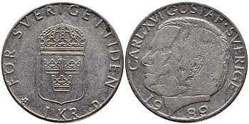 Швеция 1 крона 1989 Карл XVI Густав (1973- ) KM 852a медно-никель 4397-1253