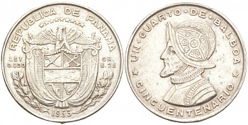 Панама 1/4 бальбоа 1953 Васко Нуньес де Бальбоа KM 19 серебро 186-127