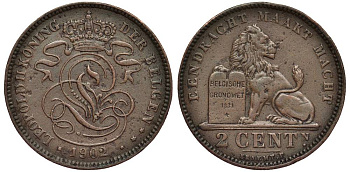 БЕЛЬГИЯ 2 САНТИМА 1902 BELGEN, ЛЕОПОЛЬД II (1865-1909) KM 36 медь 27-813