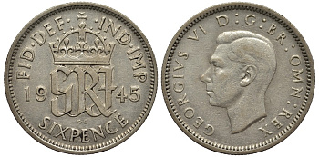 Великобритания 6 пенсов 1945 Георг VI (1936-1952) KM 852, Spink 4084 серебро 4538-551