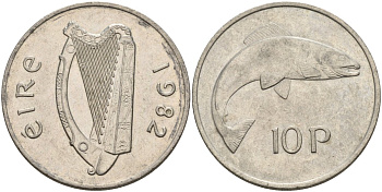 Ирландия 10 пенсов 1982 лосось KM 23 медно-никель 4144-1026