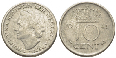 Нидерланды 10 центов 1948 Вильгельмина (1895-1948) KM 177 никель 112-254
