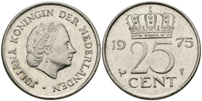Нидерланды 25 центов 1975 Юлиана (1949-1980) KM 183 никель 96-238