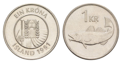 Исландия 1 крона 1991 треска KM 27a сталь плакированная никелем UNC 4633-1257