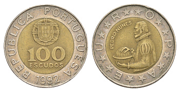 Португалия 100 эскудо 1992 Педру Нуниш (1502-1578), математик KM 645 биметалл 4390-936