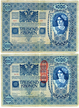 АВСТРИЯ 1000 КРОН 1919 КРАСНАЯ ВЕРТИКАЛЬНАЯ НАДПЕЧАТКА НА 1902 Pick 59 бумага 7146-59-2