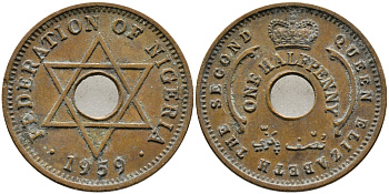Нигерия 1/2 пенни 1959 Елизавета II (1952-), Британский протекторат KM 1 бронза 4387-421