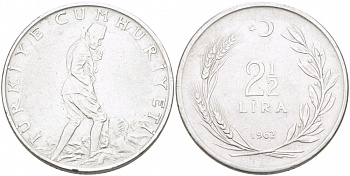 ТУРЦИЯ 2 1/2 ЛИРЫ 1962 KM 893.1 сталь 215-411