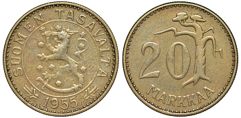 ФИНЛЯНДИЯ 20 МАРОК 1955 H KM 39 алюминиевая бронза 3334-736