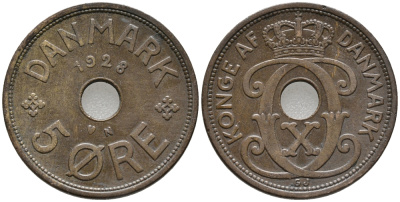 ДАНИЯ 5 ЭРЕ 1928 N; GJ, КРИСТИАН X (1912-1947) KM 828.2 бронза 32-1033