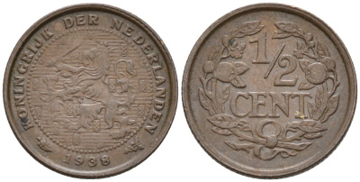 Нидерланды 1/2 цента 1938 Вильгельмина (1890-1948) KM 138 бронза 4576-424