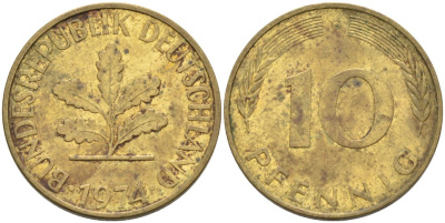 ФРГ 10 пфеннигов 1974 G KM 106 сталь плакированная латунью 4571-537