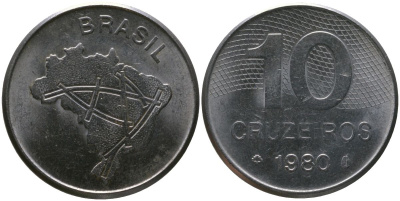 Бразилия 10 крузейро 1980 KM 592.1, Schon 101 нержавеющая сталь 4514-927