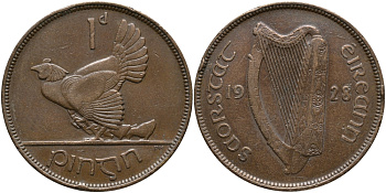 Ирландия 1 пенни 1928 курица с цыплятами KM 3 бронза 650-1641