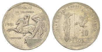 Колумбия 10 песо 1981 KM 270 медь цинк никель 4663-756