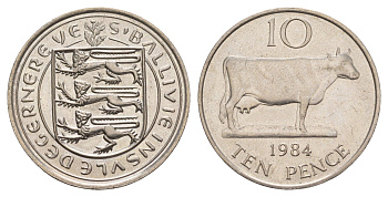 Гернси 10 пенсов 1984 Гернсийская корова KM 30 медно-никель UNC 4660-155